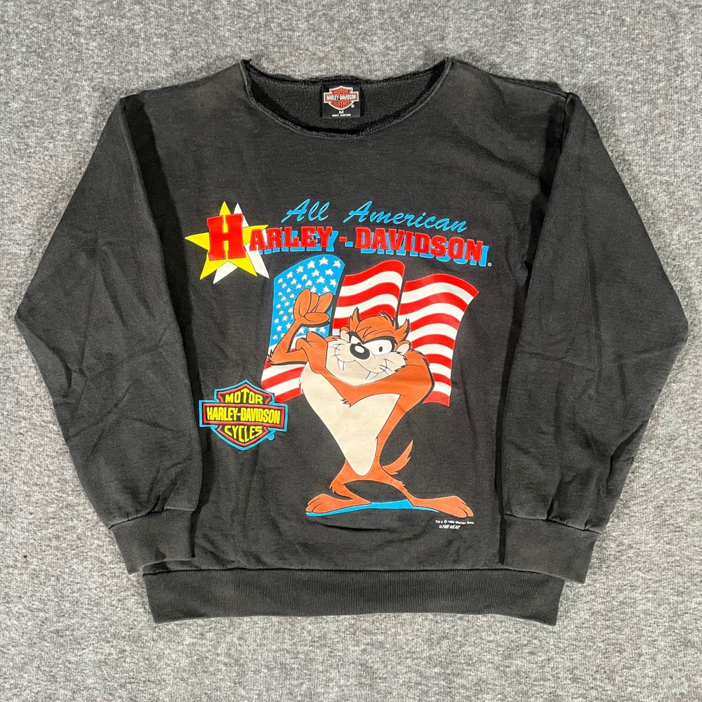 Vintage 90s Harley Davidson Looney Tunes Taz All American Sweatshirt Black Med